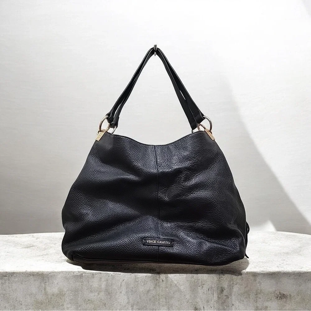 Vince Camuto Hobo Bag in Black Pebbled Leather Handbag Purse.  Gold Hardware